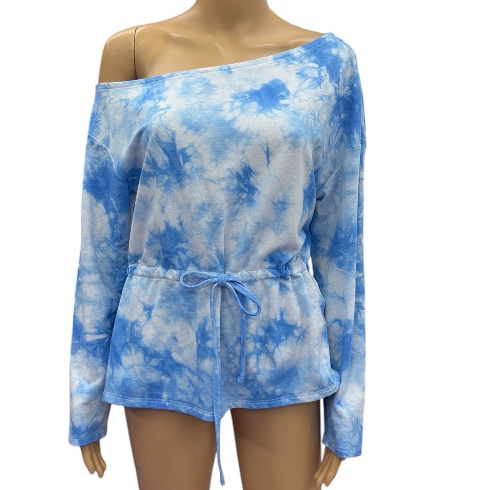 Venus Blue and White Tie Dye Long Sleeve Top Tie Waist Womens Small
